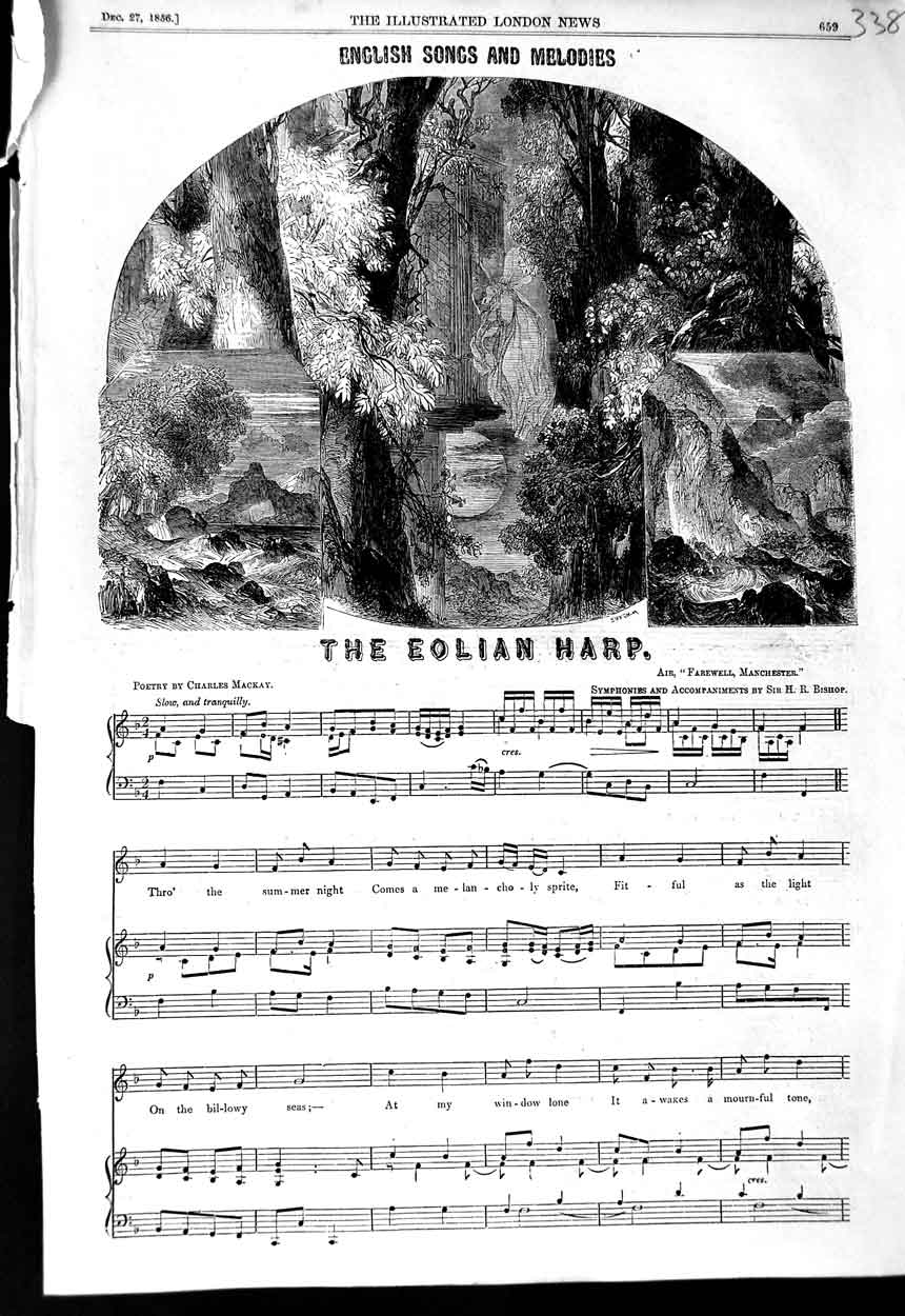 Original Old Antique Print 1856 Sheet Music English Song The Eolian Harp Mackay