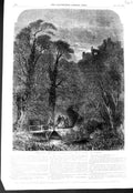 Original Old Antique Print 1856 Christmas Eve Family Stream Bridge Trees 19th