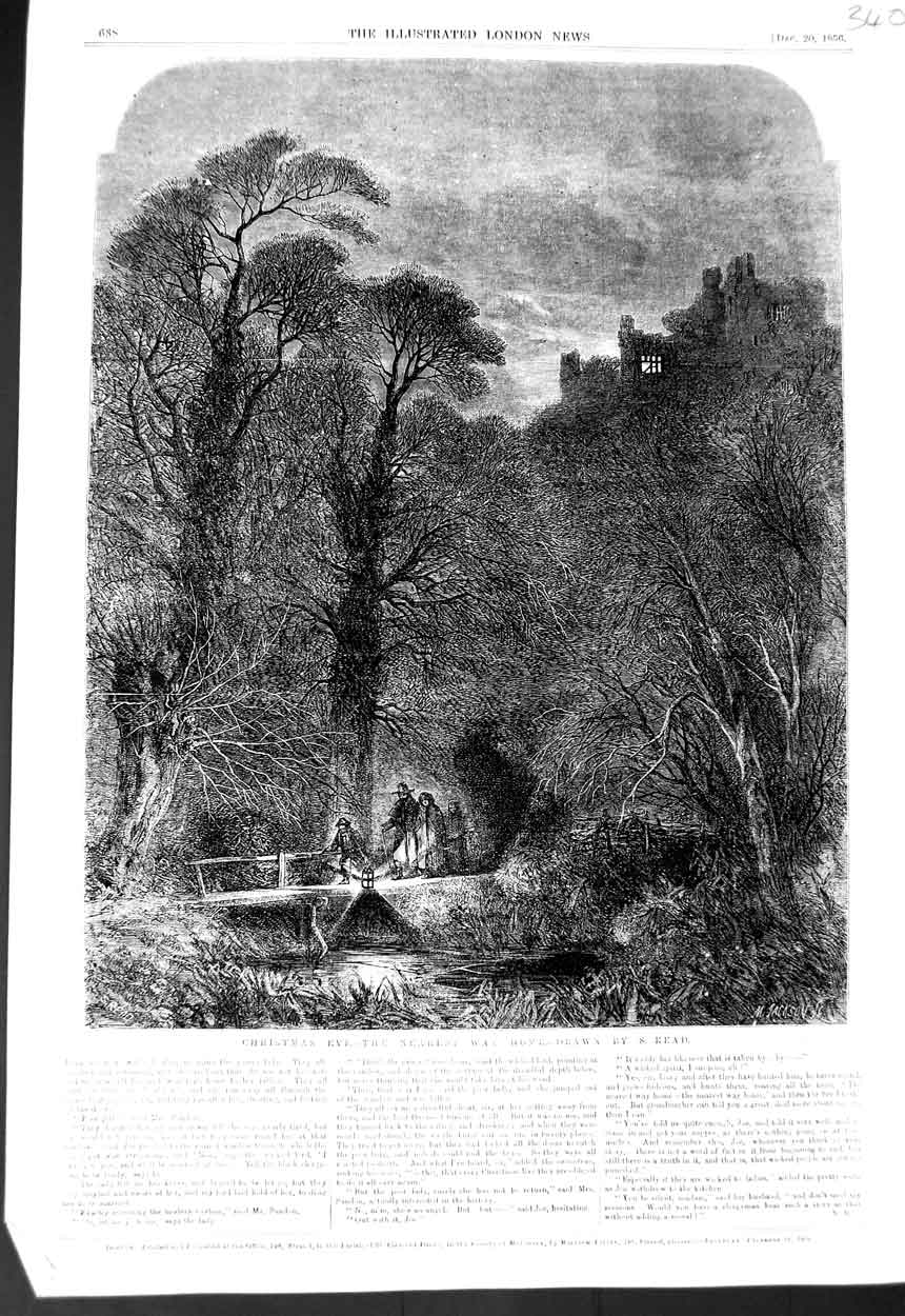 Original Old Antique Print 1856 Christmas Eve Family Stream Bridge Trees 19th
