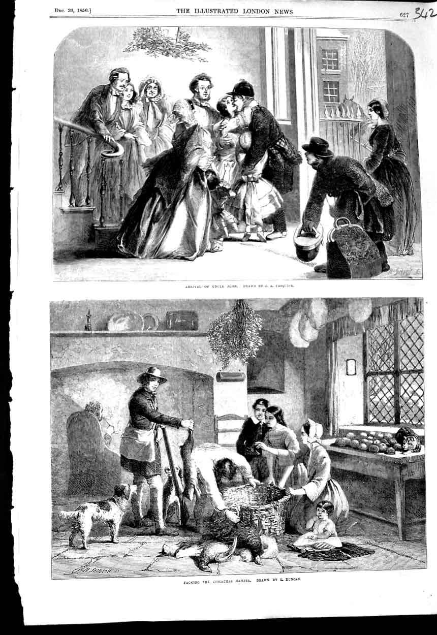 Original Old Antique Print 1856 Christmas Uncle John Packing Hamper Food House