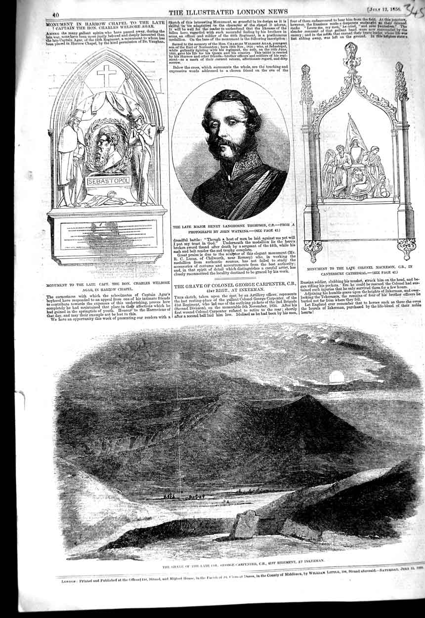 Original Old Antique Print 1856 Major Thompson Grave Carpenter Inkerman Welbore