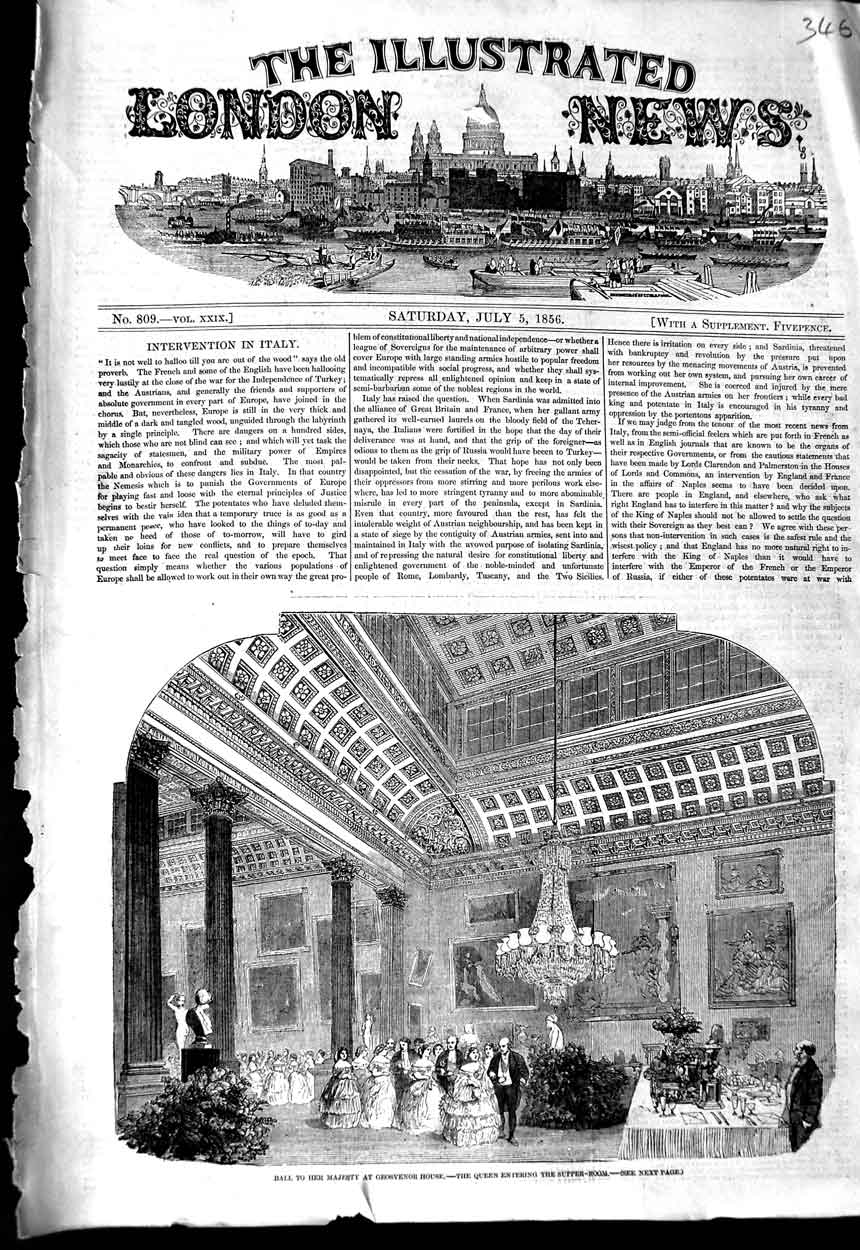 Original Old Antique Print 1856 Ball Majesty Queen Grosvenor House Supper Room