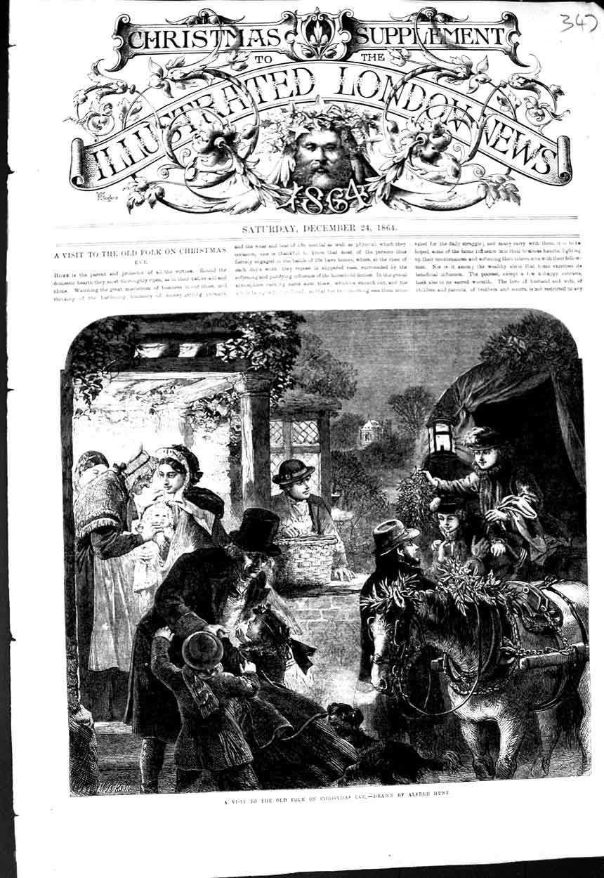 Original Old Antique Print 1864 Alfred Hunt Drawing Visit Folk Christmas Eve