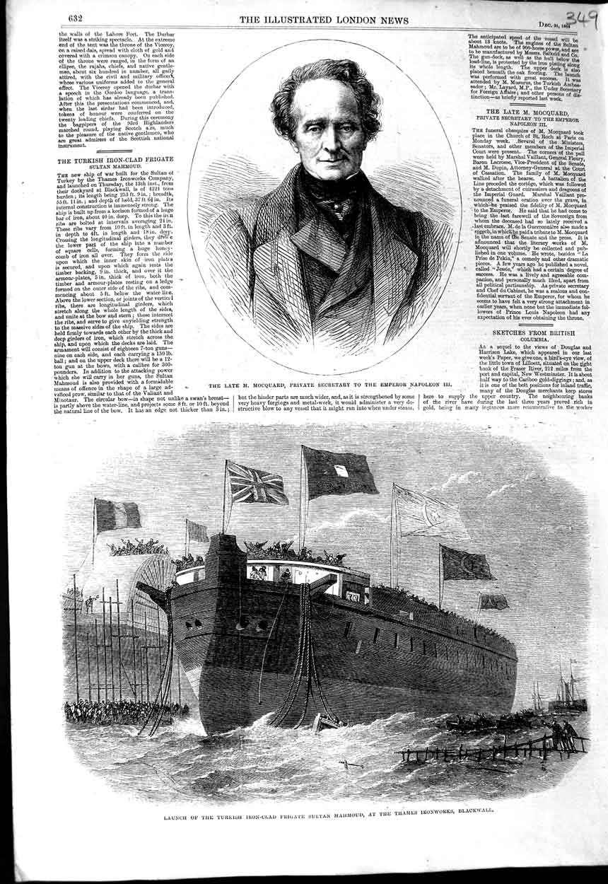 Old Antique Print 1864 Mocquard Secretary Ship Sultan Mahmoud Blackwall 19th