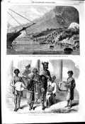 Original Old Antique Print 1864 Battery Simonosaki Indian Harlequin Music Tiger