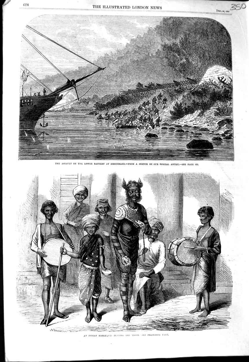 Original Old Antique Print 1864 Battery Simonosaki Indian Harlequin Music Tiger