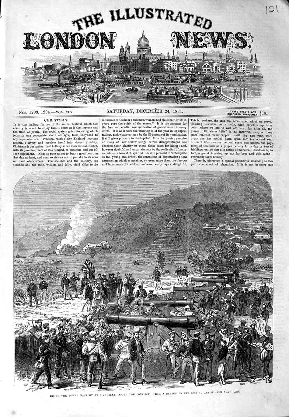 Original Old Antique Print 1864 Lower Battery Simonosaki Conflict War Siers