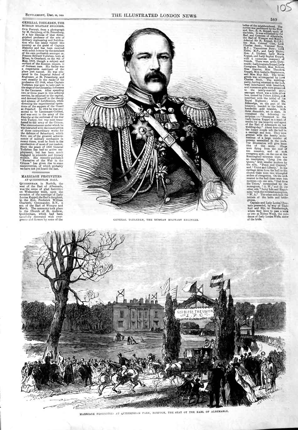 Old Antique Print General Todleben Russian 1864 Quiddenham Park Albemarle 19th