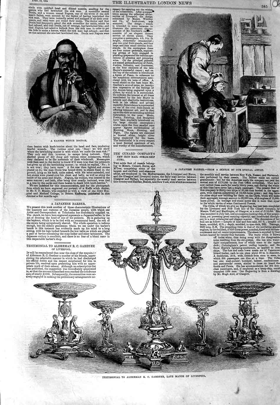 Original Old Antique Print 1864 Alderman Liverpool Kaffir Witch Doctor Barber