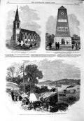 Old Antique Print 1864 Brisbane Bridge Australia Church Monument Magenta 19th