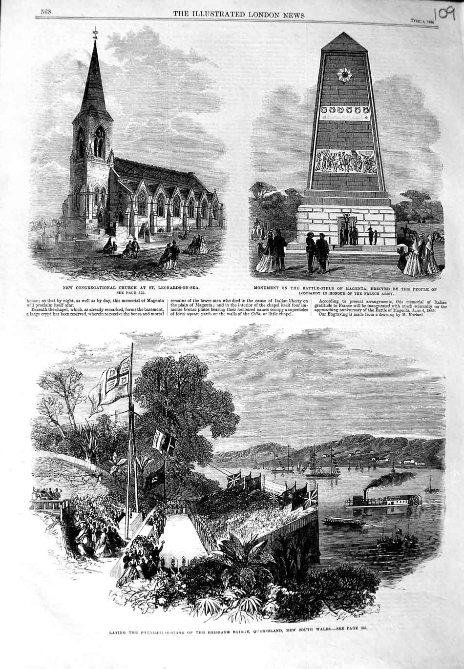 Old Antique Print 1864 Brisbane Bridge Australia Church Monument Magenta 19th