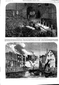 Old Antique Print 1864 Crystal Palace London Rifle Brigade Fire Dockhead 19th