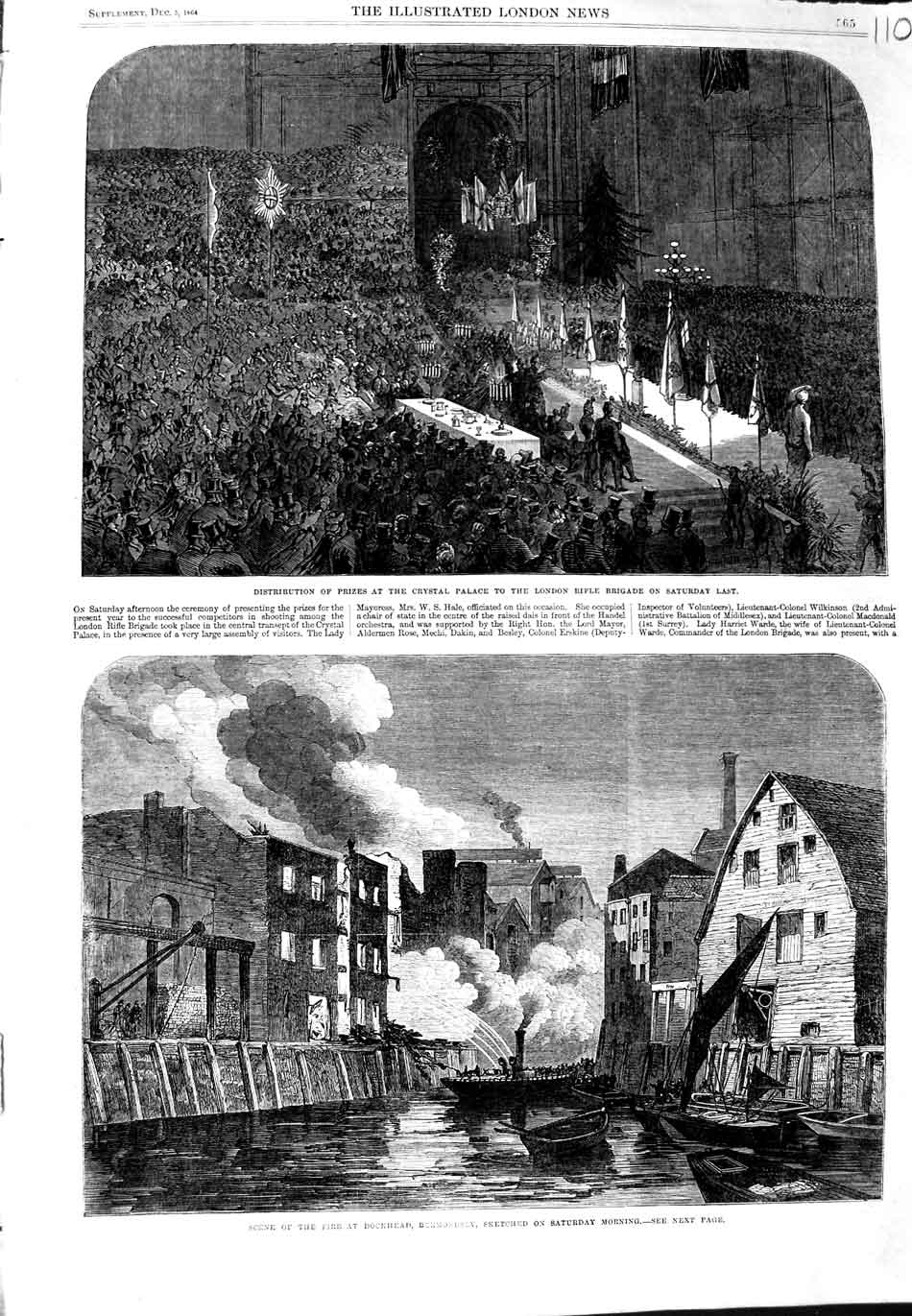 Old Antique Print 1864 Crystal Palace London Rifle Brigade Fire Dockhead 19th