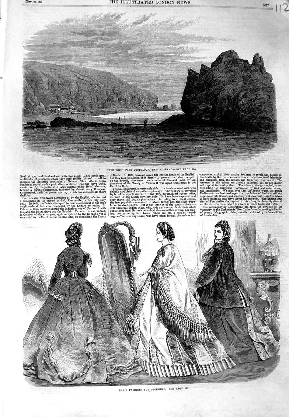 Old Antique Print Paris Fashion 1864 Cave Roc Port Lyttelton New Zealand 19th