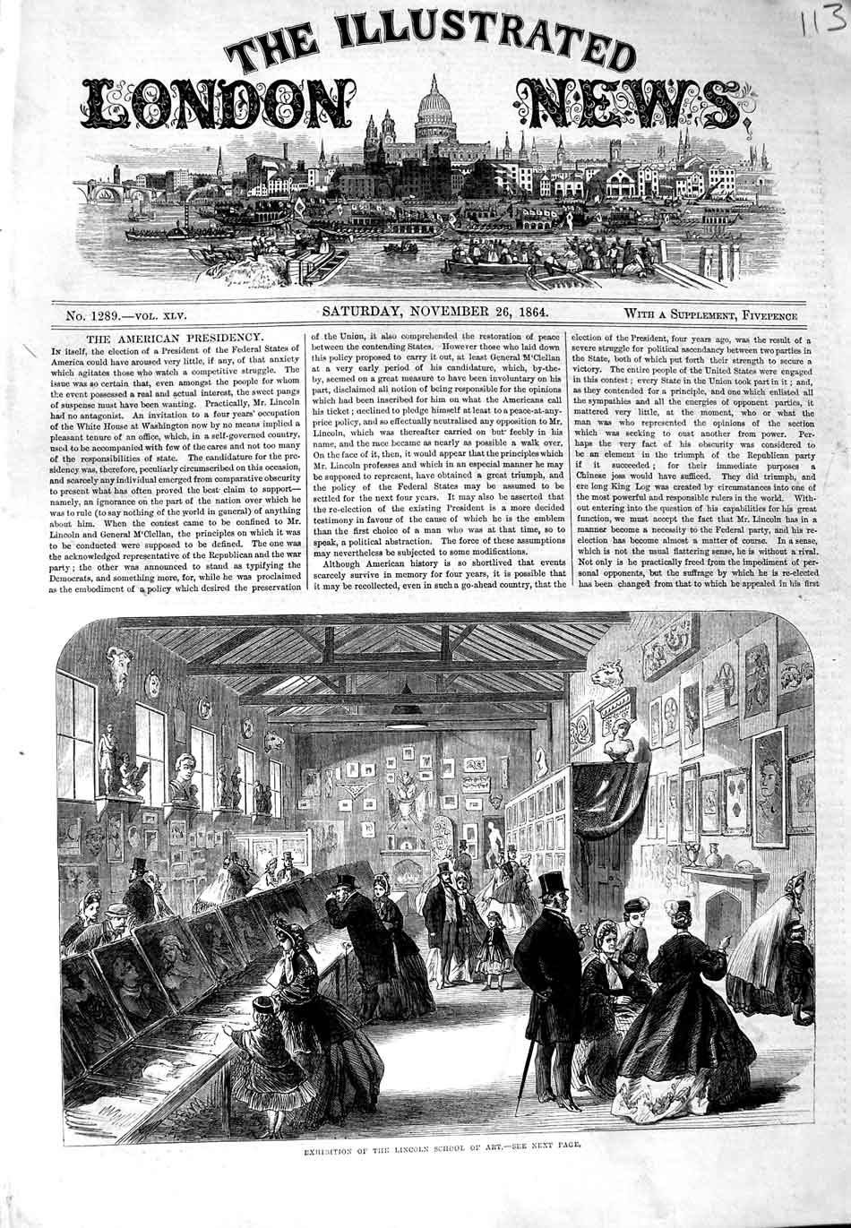 Original Old Antique Print 1864 Exhibition Lincoln School Art Paintings 19th