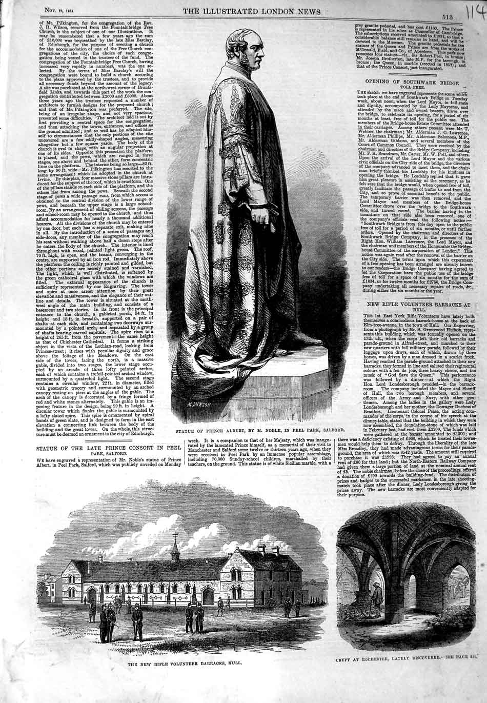 Old Antique Print 1864 Statue Prince Albert Salford Rifle Barracks Hull 19th