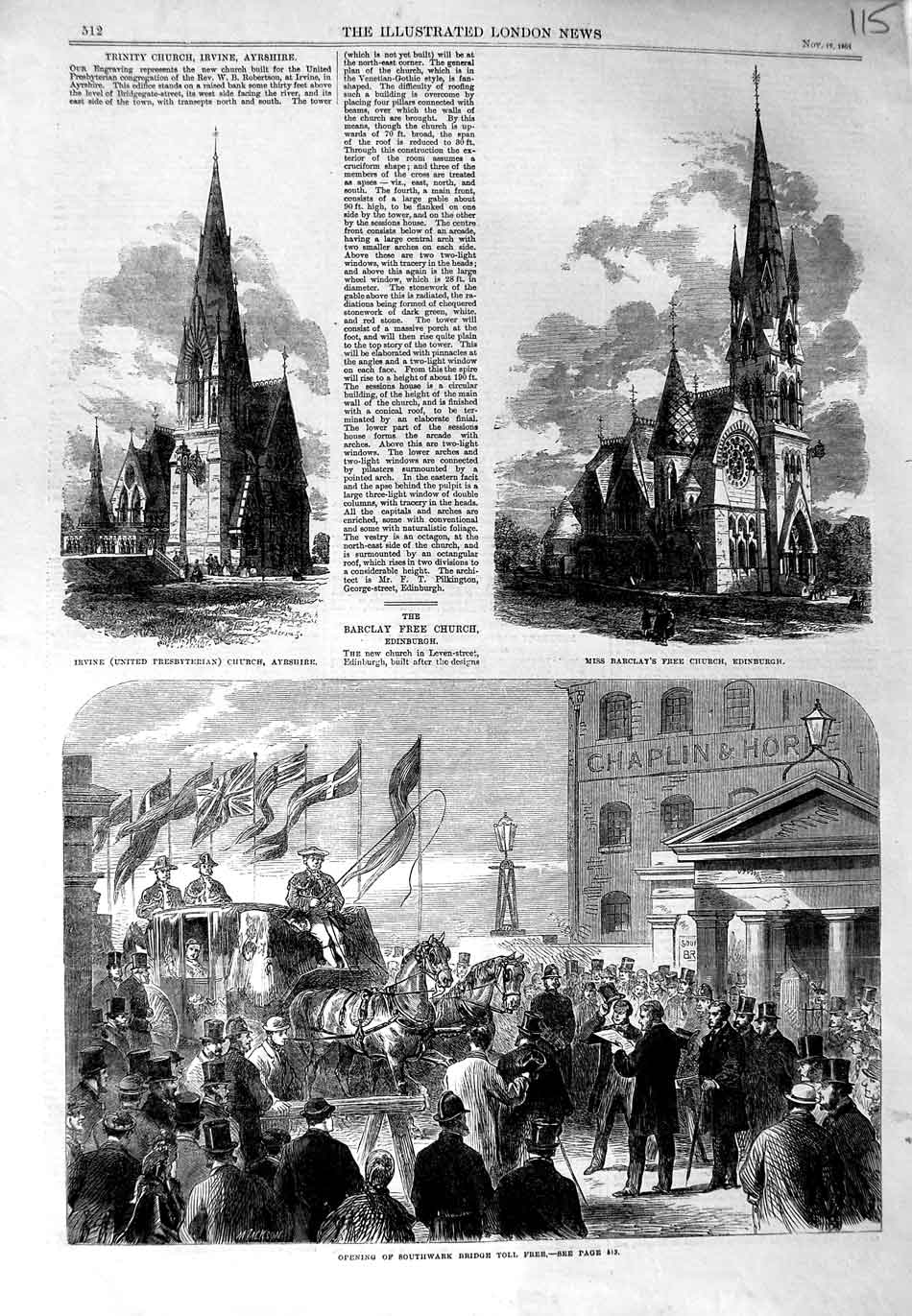 Old Antique Print 1864 Southwark Bridge Toll Free Church Irvine Edinburgh 19th