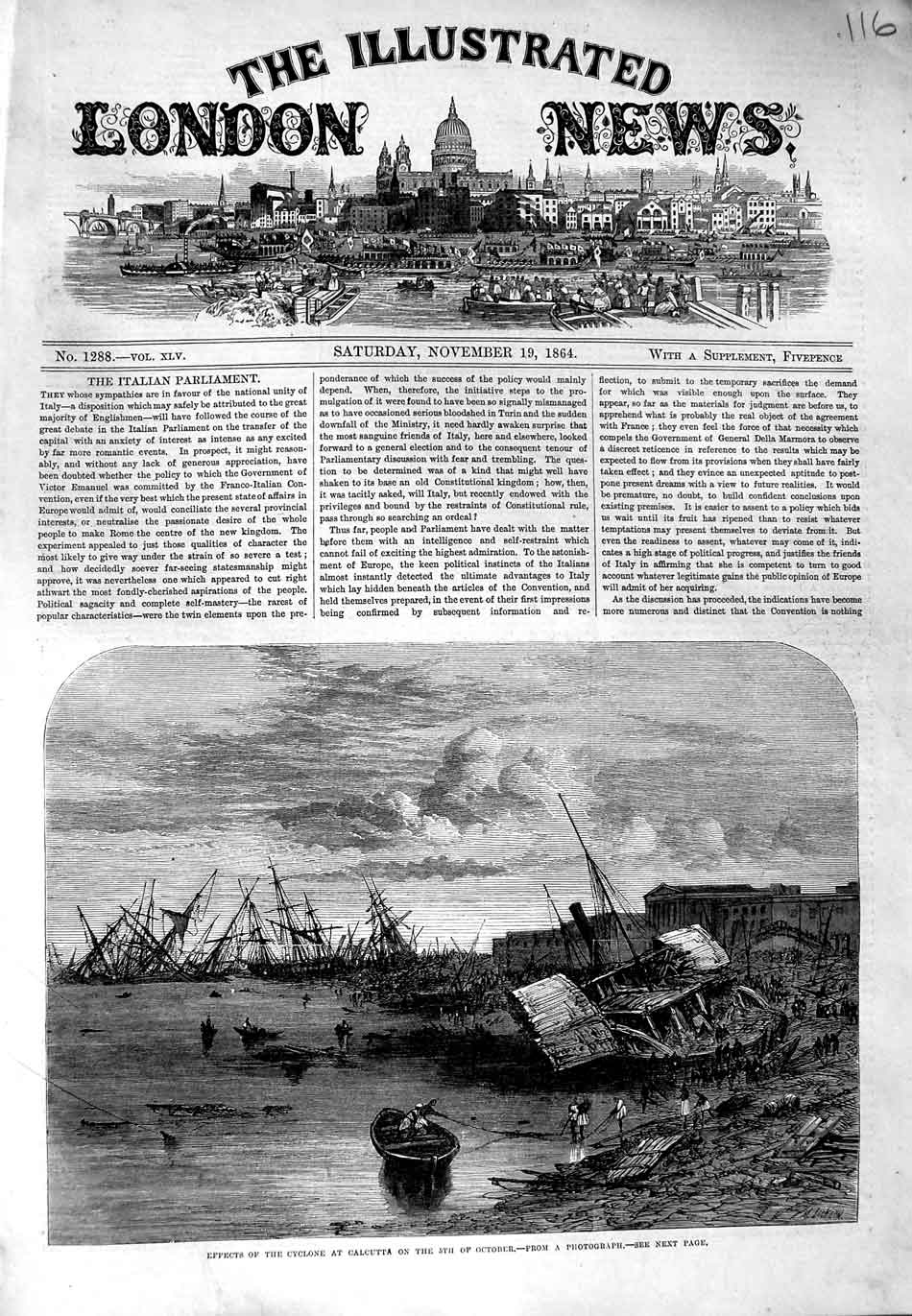 Original Old Antique Print 1864 Cyclone Calcutta Ships Wrecks 19th