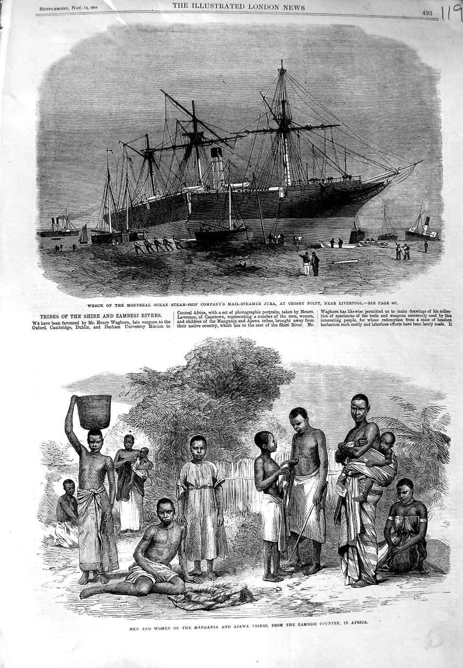 Original Old Antique Print 1864 Ship Montreal Jura Liverpool Ajawa Tribe Africa