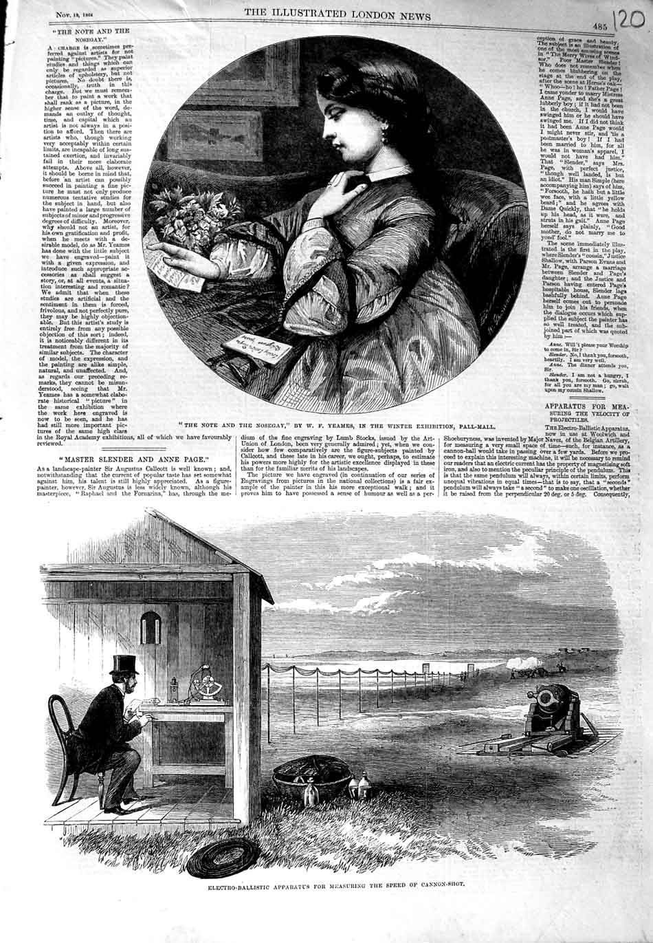 Old Antique Print 1864 Electro-Ballistic Apparatus Cannon-Shot Lady Art 19th