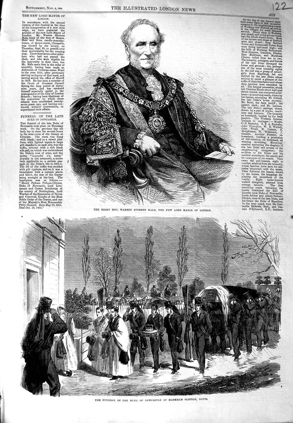 Original Old Antique Print Warren Hale Mayor London 1864 Funeral Duke Newcastle