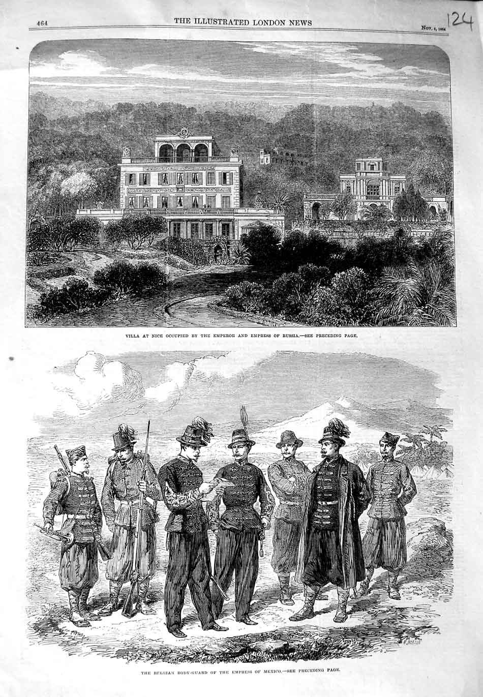 Old Antique Print 1864 Villa Nice Emperor Russia Belgian Boy-Guard Mexico 19th