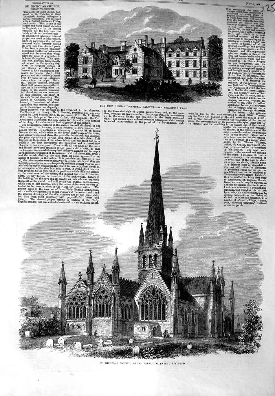 Old Antique Print Nicholas Church Yarmouth 1864 German Hospital Dalston 19th