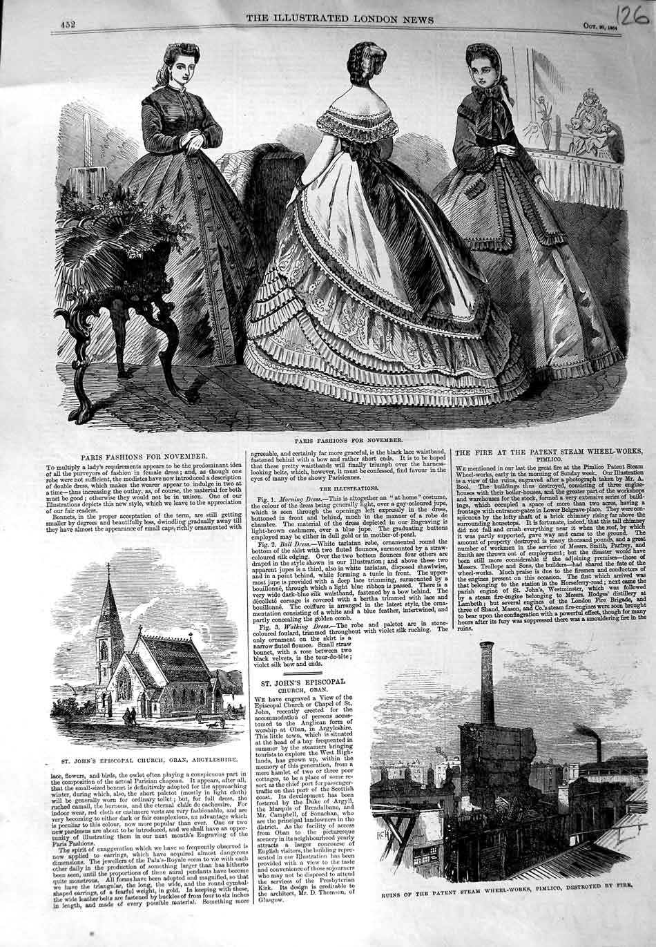 Original Old Antique Print 1864 Patent Steam Wheel Pimlico Church Oban Fashion