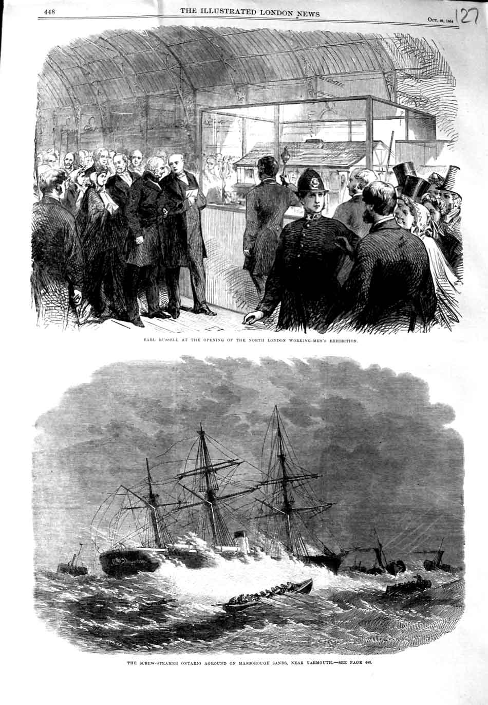 Old Antique Print 1864 Screw-Steamer Ship Ontario Yarmouth Earl Russell 19th