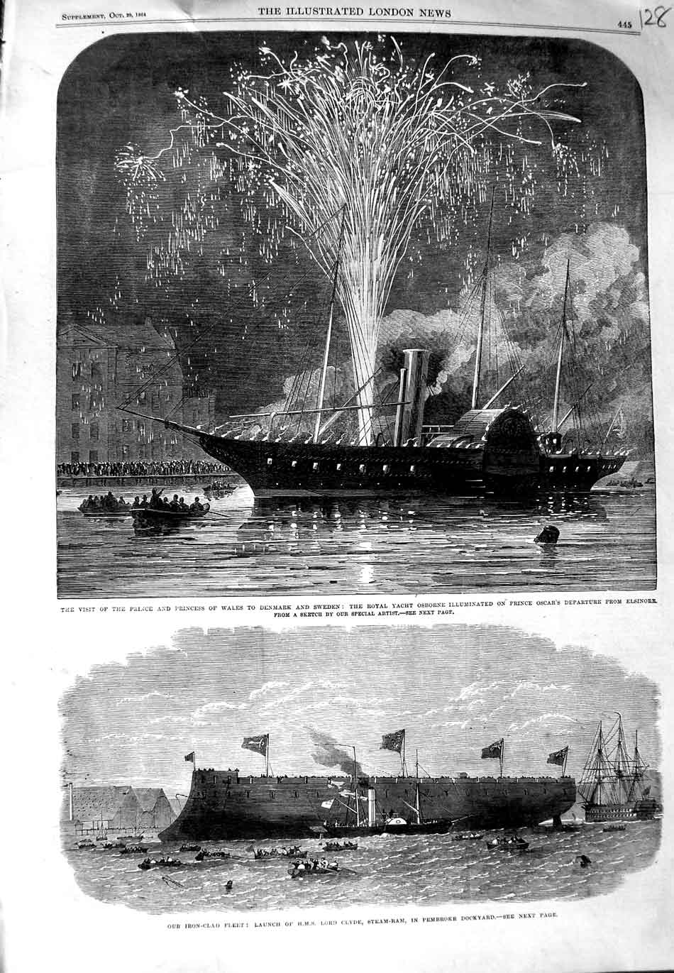 Old Antique Print 1864 Prince Wales Denmark Yacht Osborne Ship Lord Clyde 19th