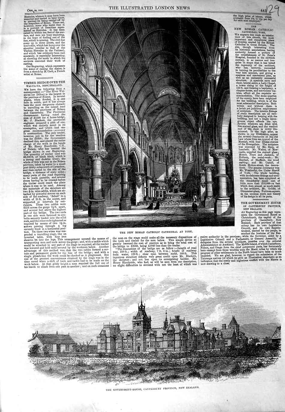 Old Antique Print Catholic Cathedral York 1864 Government House Zealand 19th