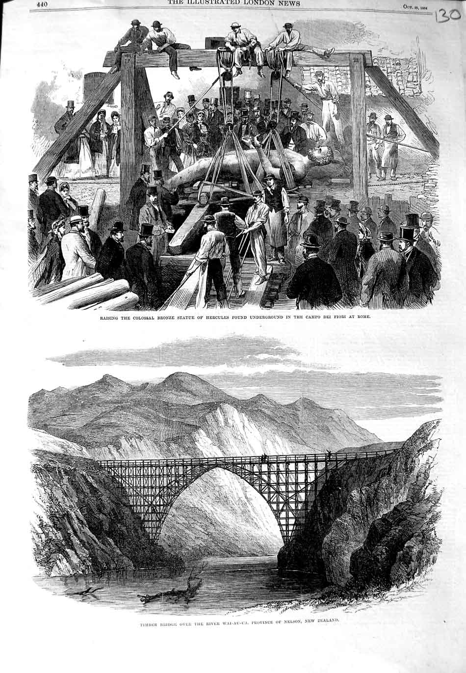 Old Antique Print 1864 Bridge River Wai-Au-Ua Statue Hercules Fiori Rome 19th