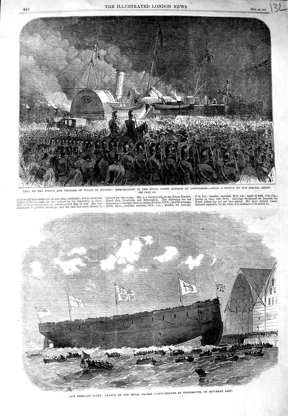 Original Old Antique Print 1864 Prince Wales Sweden Yacht Osborne Alfred Ship