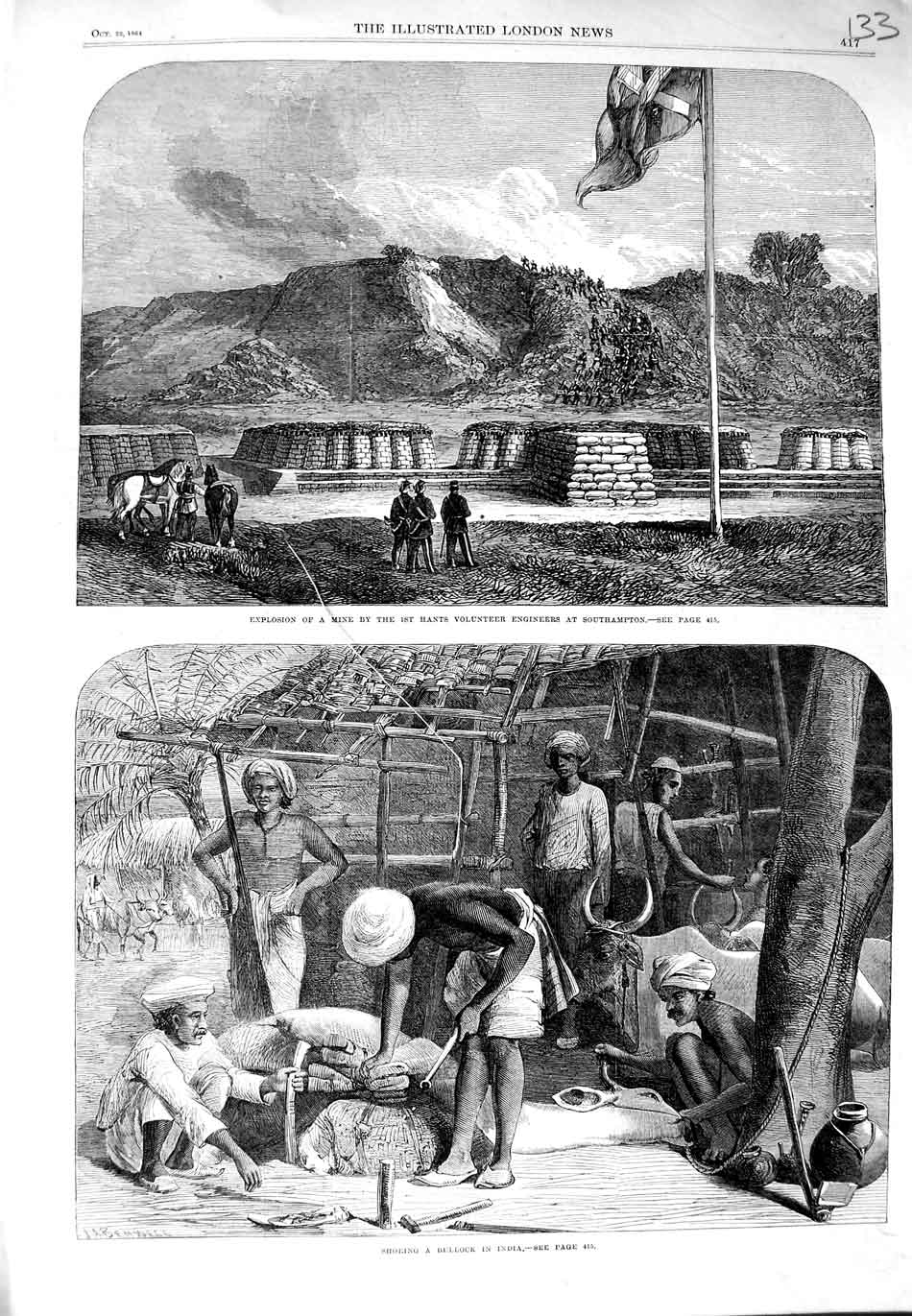 Old Antique Print 1864 Shoeing Bullock India Explosion Mine Southampton 19th