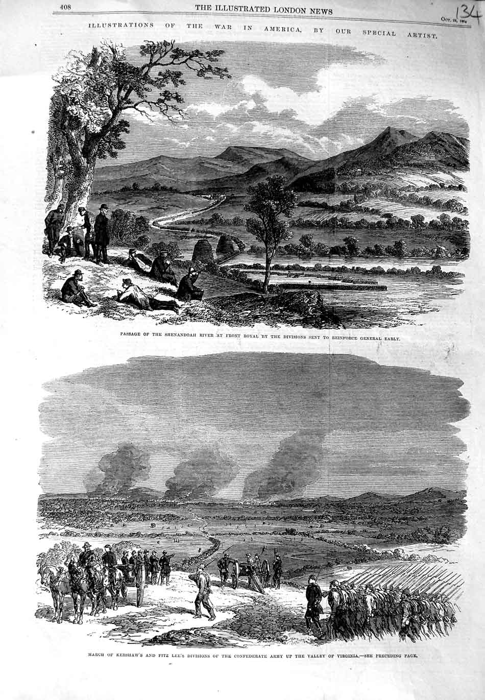 Original Old Antique Print 1864 Shenandoah River War America Kershaw Fitz Lee