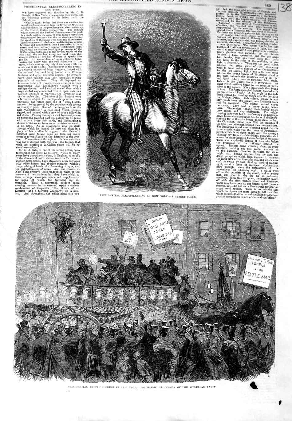 Original Old Antique Print Presidential Election New York M'Clellan Party 1864