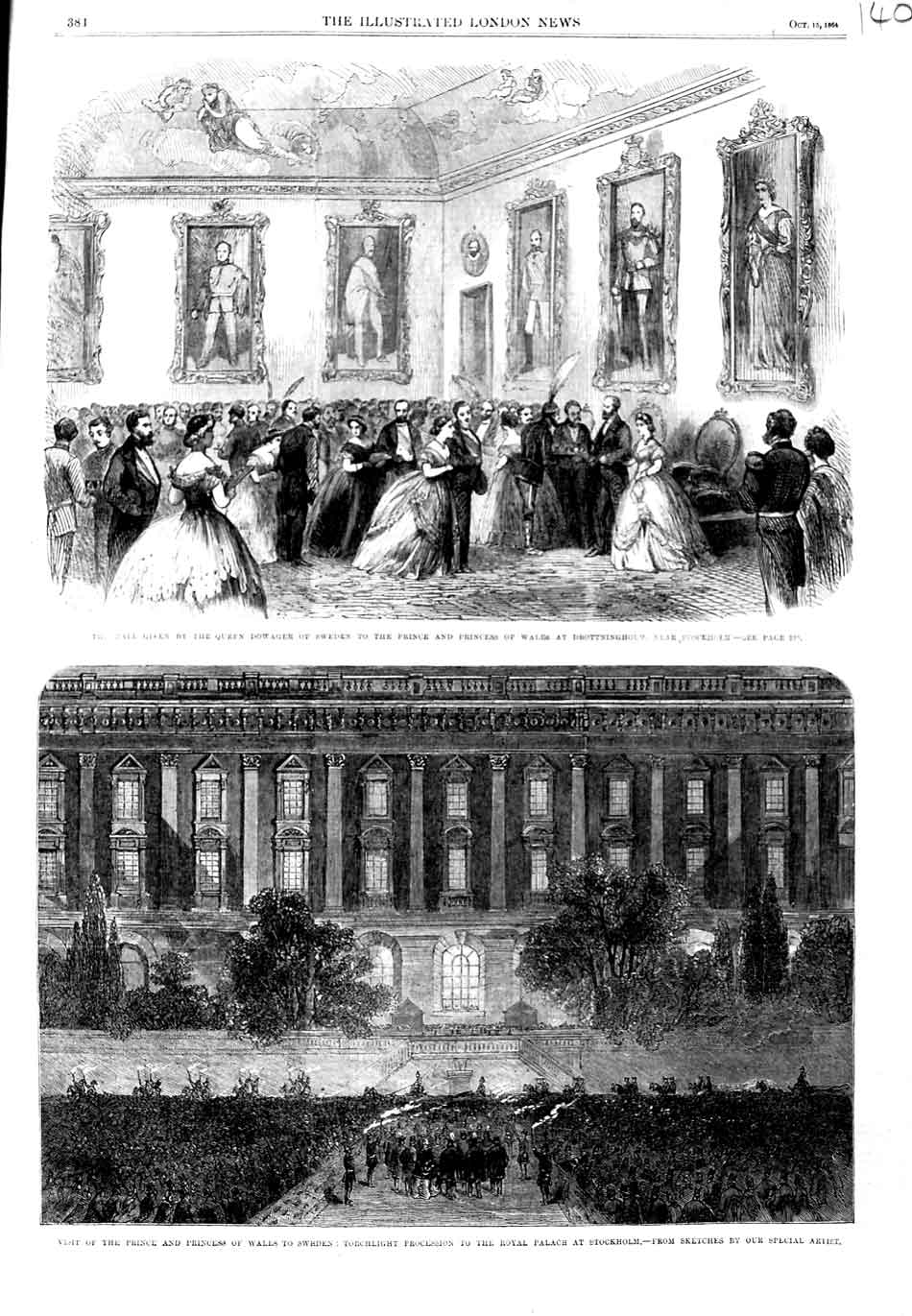 Old Antique Print 1864 Ball Queen Dowager Sweden Drottingholm Stockholm 19th