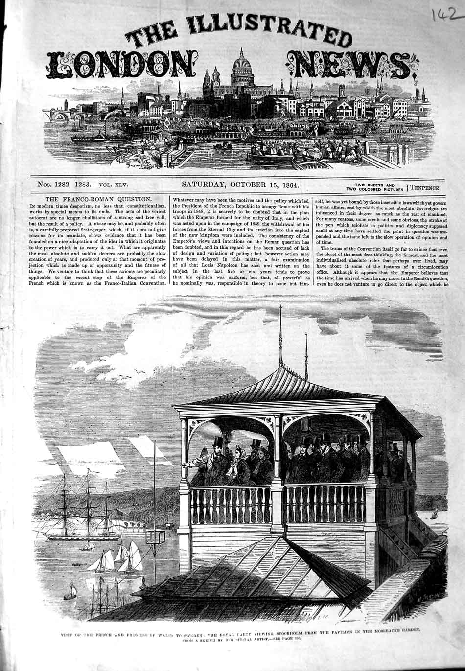 Original Old Antique Print 1864 Prince Wales Sweden Stockholm Mosebacke Gardens