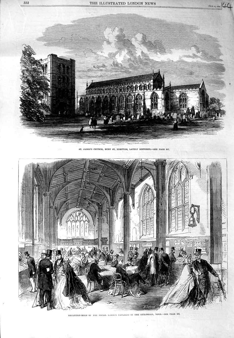 Old Antique Print 1864 Science Congress Guildhall York Church St. Edmunds 19th