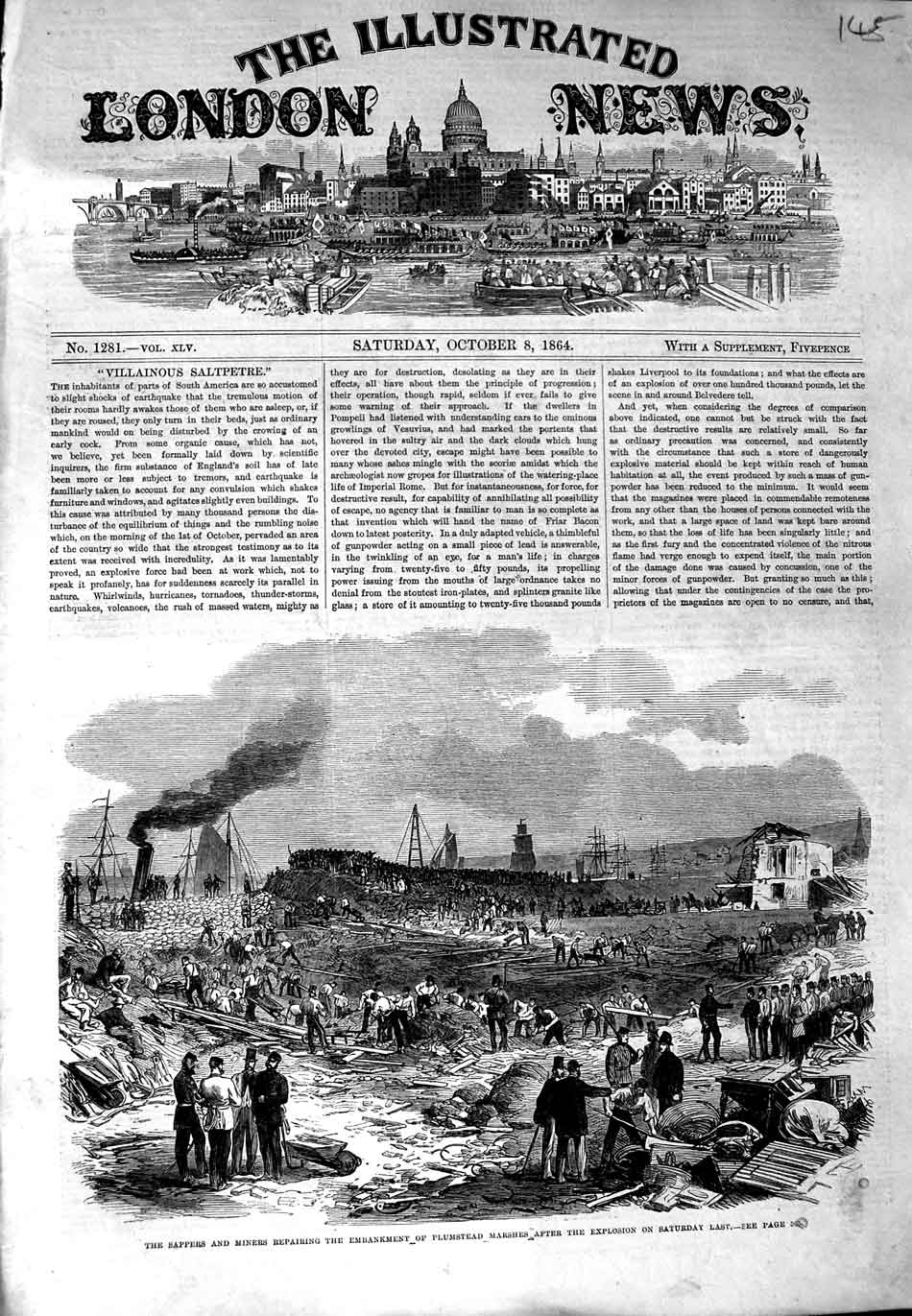 Original Old Antique Print 1864 Sappers Miners Embankment Plumstead Marshes