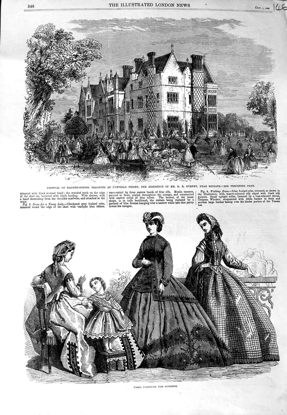 Original Old Antique Print Paris Fashion 1864 Ragged-School Teachers Nutfield
