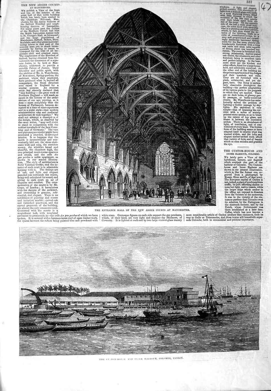 Original Old Antique Print Assize Courts Manchester 1864 Custom-House Ceylon