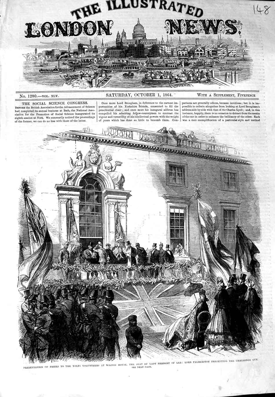 Old Antique Print 1864 Presentation Wilts Volunteers Wilton Lady Herbert 19th