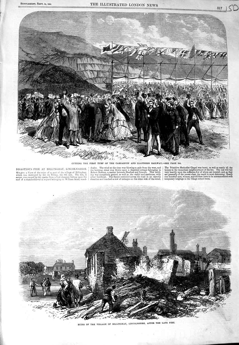 Original Old Antique Print 1864 Village Billinghay Carnarvon Llanberis Railway