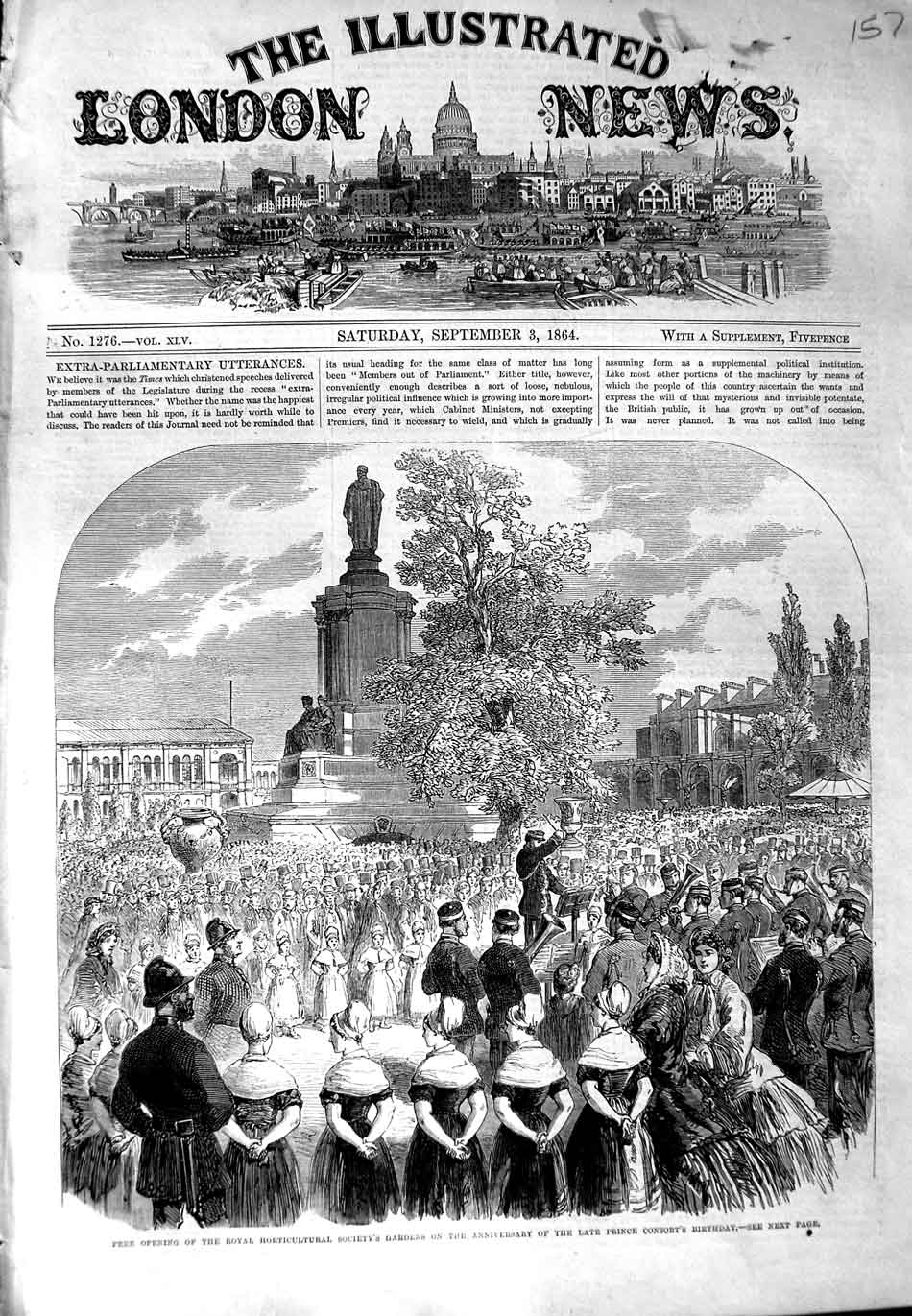 Old Antique Print 1864 Royal Horticultural Society Gardens Prince Consort 19th