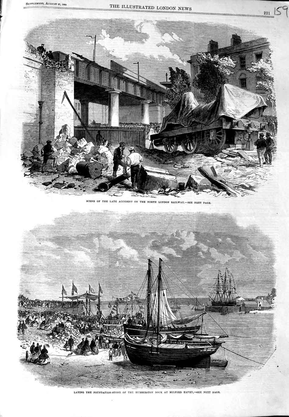 Old Antique Print 1864 Accident North London Railway Milford Haven Ship 19th