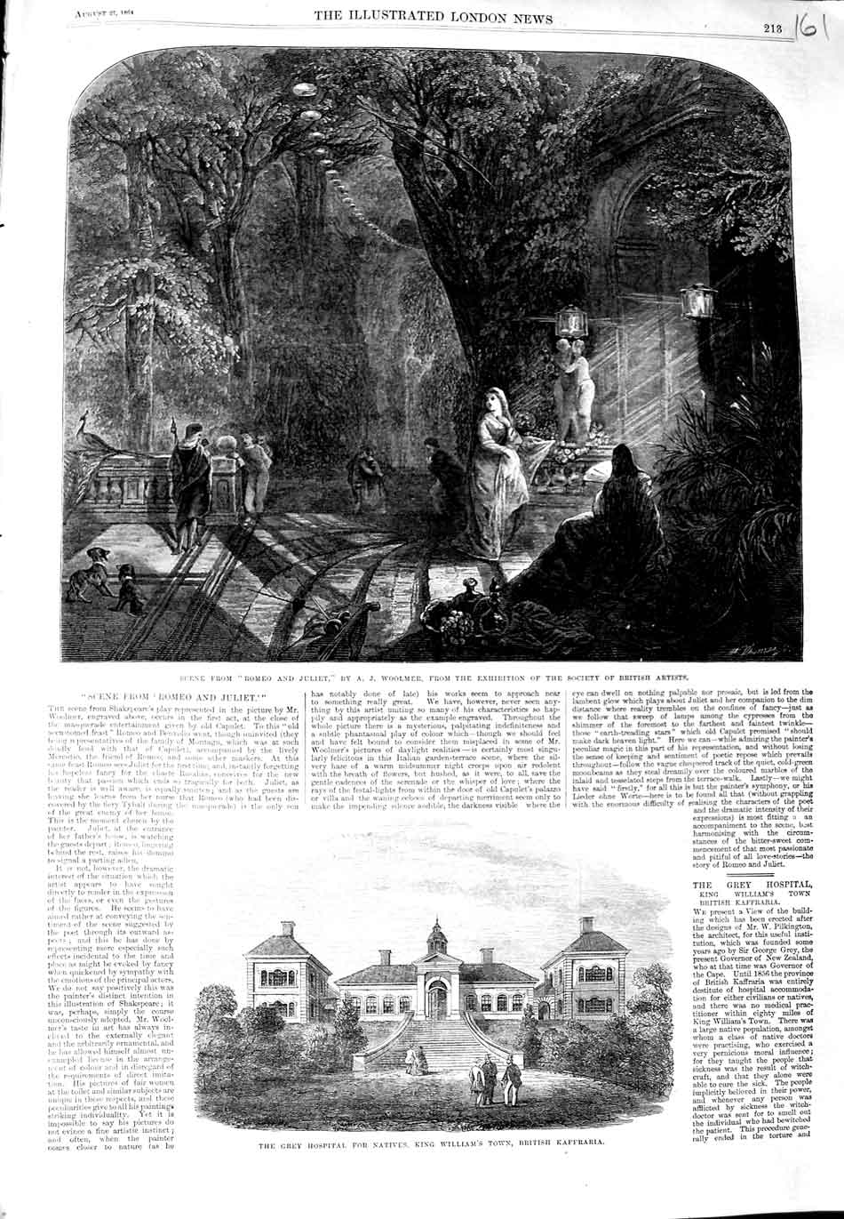 Old Antique Print Scene Romeo Juliet Woolmer 1864 Grey Hospital Kaffraria 19th