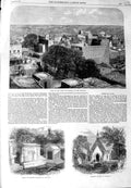 Original Old Antique Print 1864 View Town Guzerat Punjaub Tombs English Church