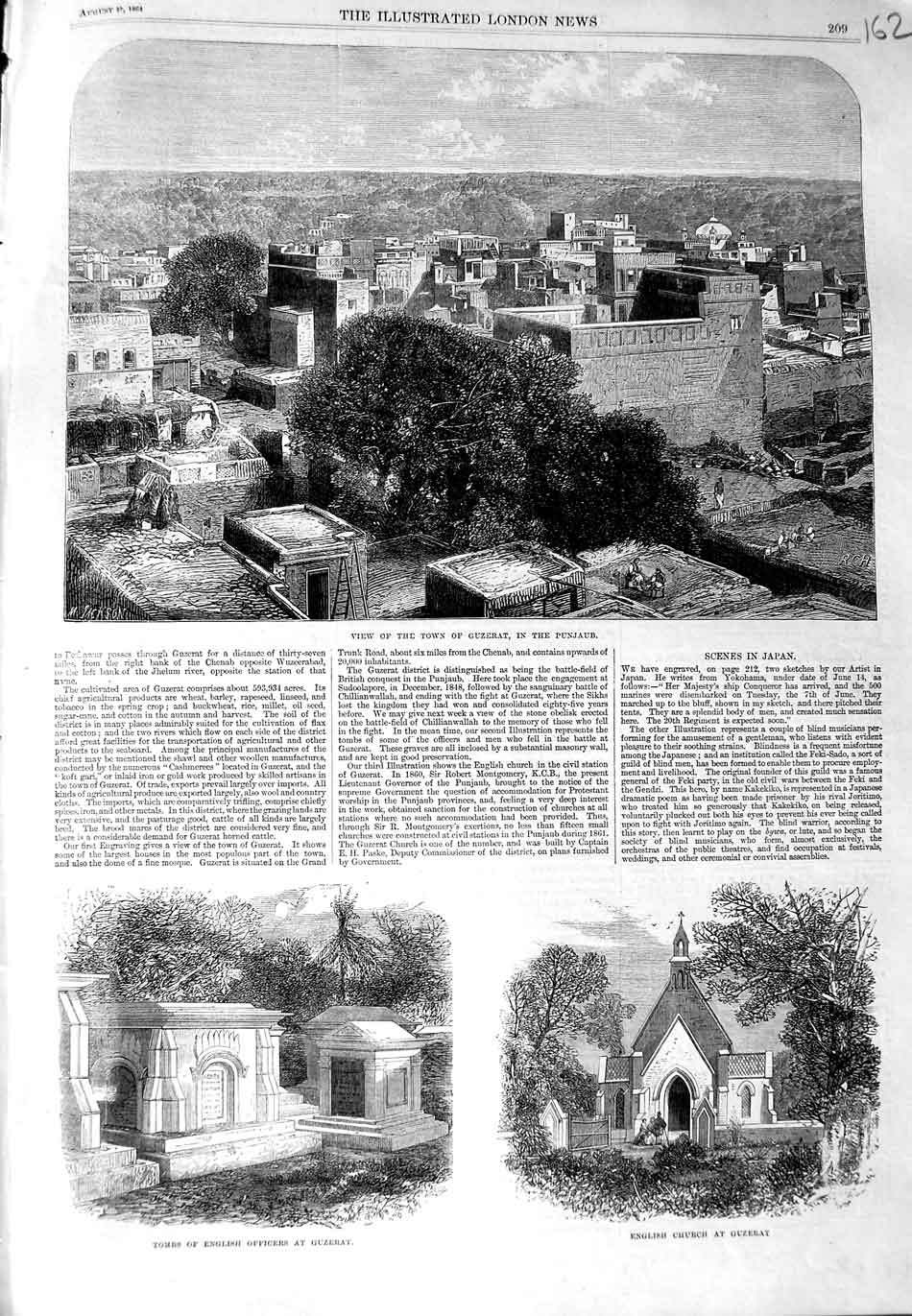 Original Old Antique Print 1864 View Town Guzerat Punjaub Tombs English Church