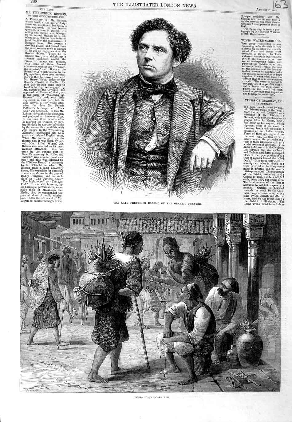 Original Old Antique Print 1864 Frederick Robson Theatre Tunis Water-Carrier